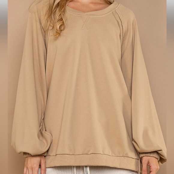 POL Tops - POL Camel  Long Sleeve sweatshirt with open back criss cross  size Large New!